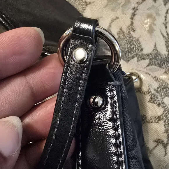 Coach Purse Black Signature Canvas Crossbody Bag Leather Trim Silver Tone Accent - Picture 9 of 11